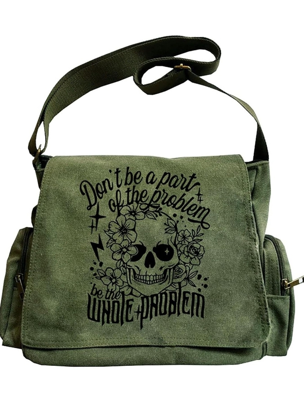 Olive Green Canvas Skull Messenger Bag